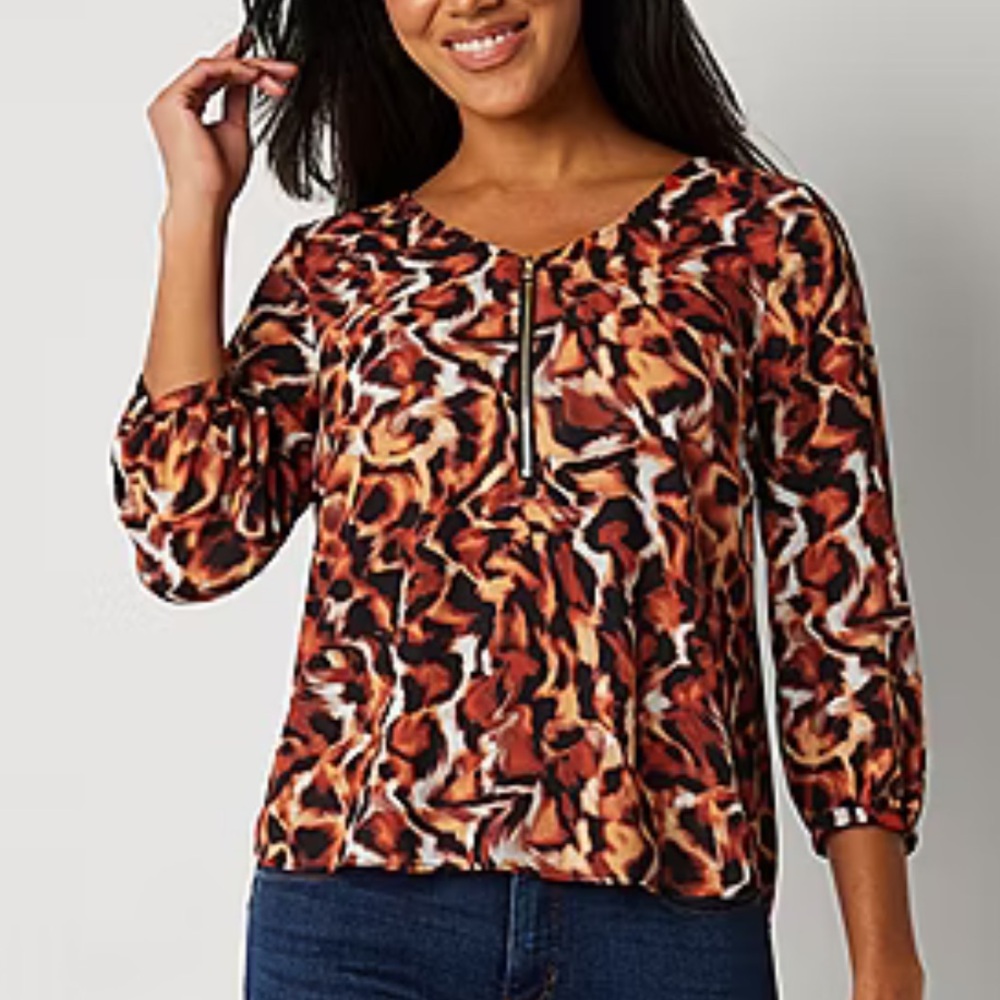 *NWT* Bold Elements Womens Y Neck 3/4 Sleeve Blouse Tiger Swirl